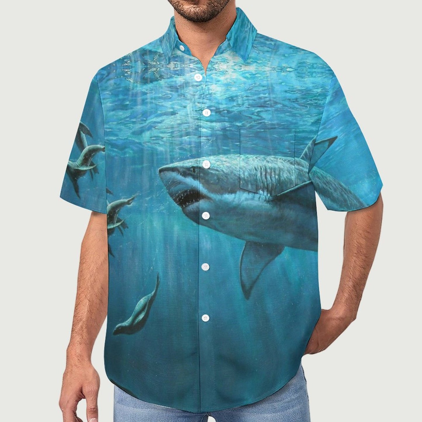 Men's Shark Painted Art Print Vacation Hawaiian Shirt