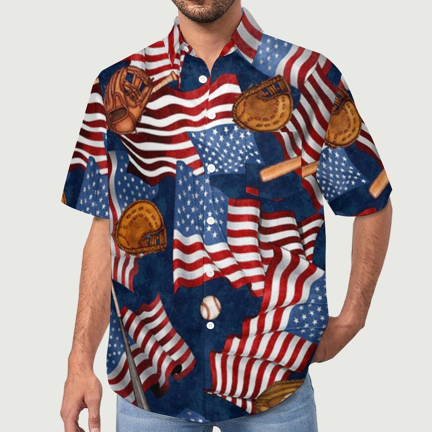 Men's American Flag Baseball Painted Print Vacation Hawaiian Shirt