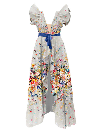 Ruffled Floral Print Colorblock One-Piece Swimsuit and Cover-up