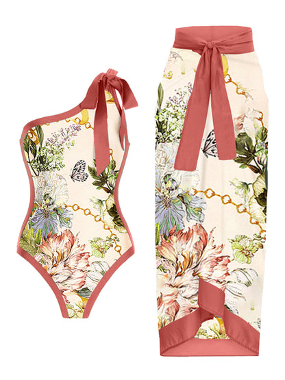 One Shoulder Floral Print One Piece Swimsuit and Skirt