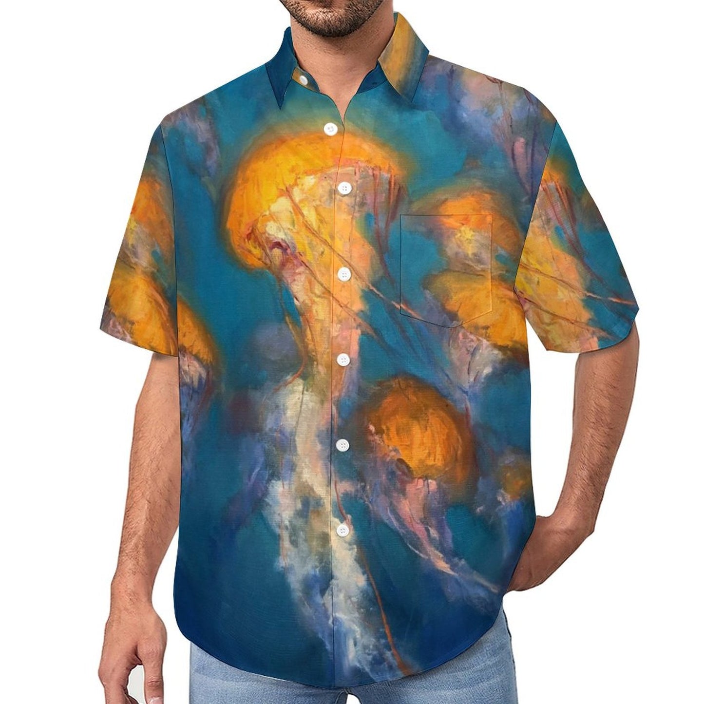 Men's Oil Painting Art Jellyfish Print Vacation Hawaiian Shirt 2305106502