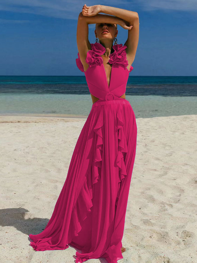 Deep V Red Cutout One Piece Swimsuit and Skirt