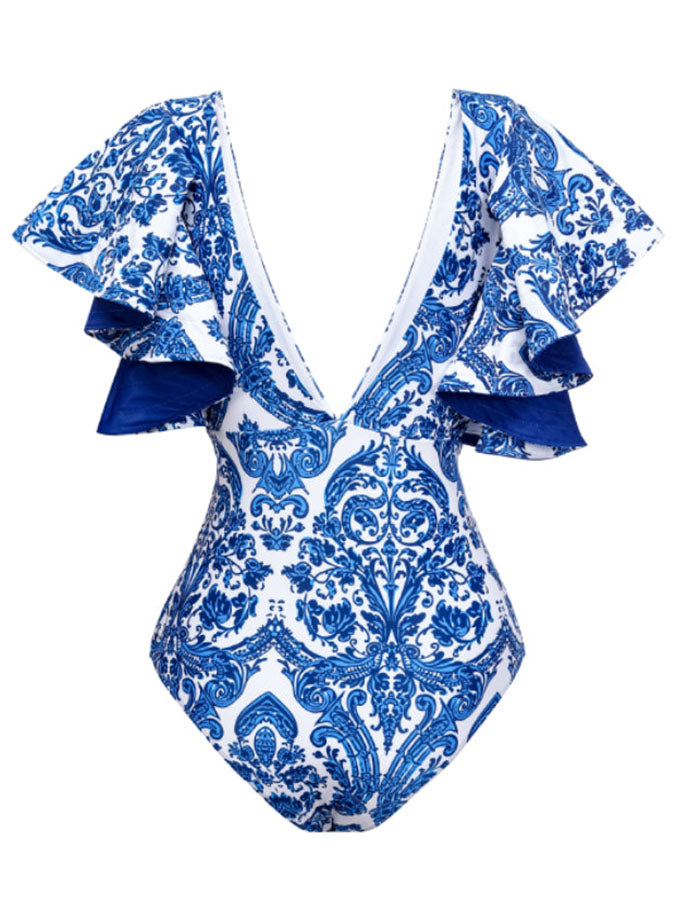 Deep V Ruffle Print One-Piece Swimsuit Set