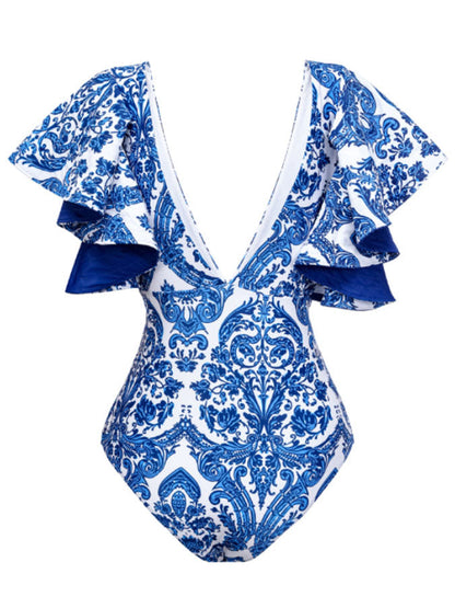 Deep V Ruffle Print One-Piece Swimsuit Set