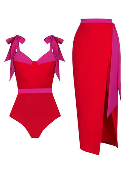 Sling Adjustable Color Block One Piece Swimsuit and Cover Up