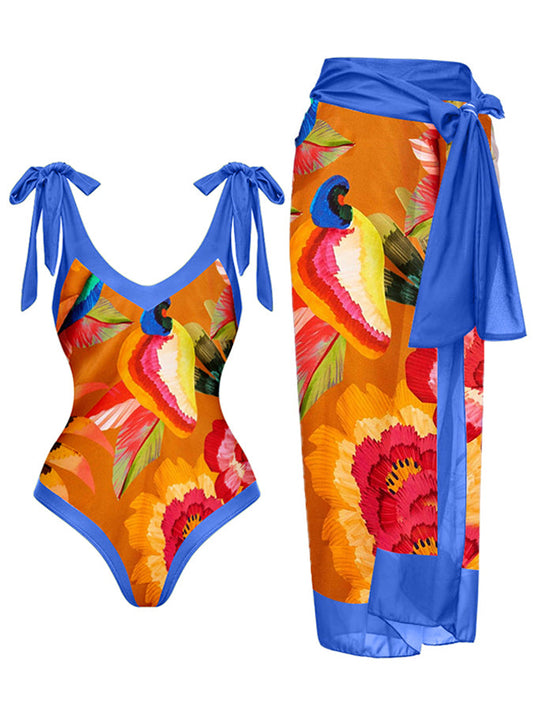 Vintage V-Neck Colorblock Print One-Piece Swimsuit Set
