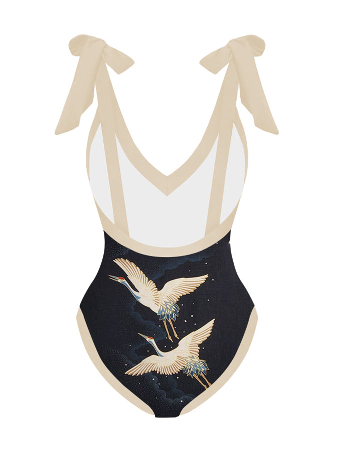 Printed Simple Lace-Up One-Piece Swimsuit