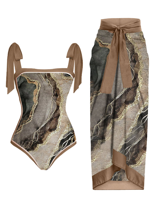 Vintage Abstract Colorblock Print One-Piece Swimsuit and Cover-up