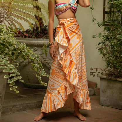 One Shoulder Printed Bikini and Ruffled Cover Up