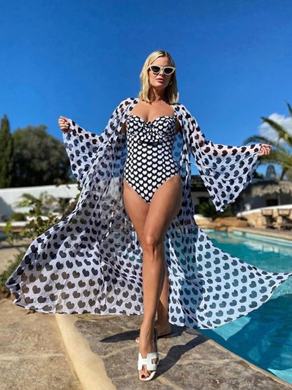 Sling Lace Up Printed One Piece Swimsuit And Beach Skirt