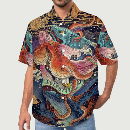 Men's Ukiyo-e Sea Life Print Vacation Hawaiian Shirt 2305106996