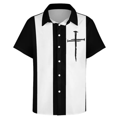 Mens Crucifix Print Casual Breathable Short Sleeve Hawaiian Shirt