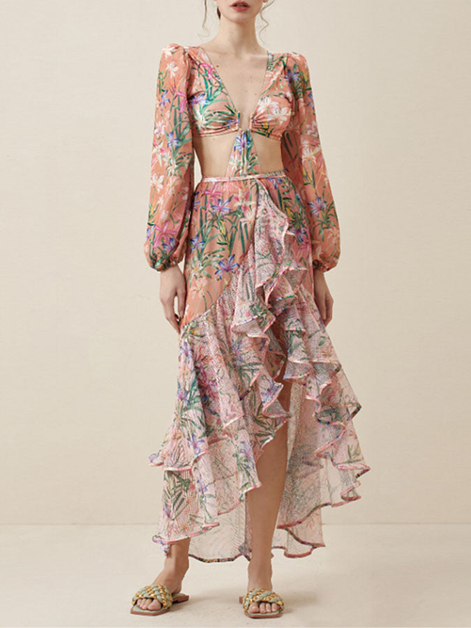 Floral Print One Piece Swimsuit and Mesh Splicing Sarong