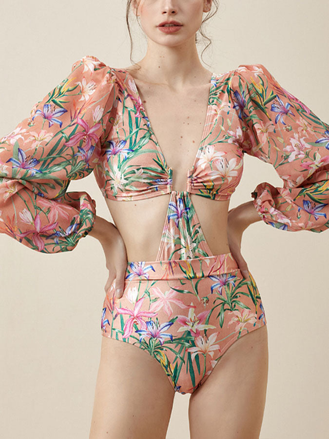 Floral Print One Piece Swimsuit and Mesh Splicing Sarong