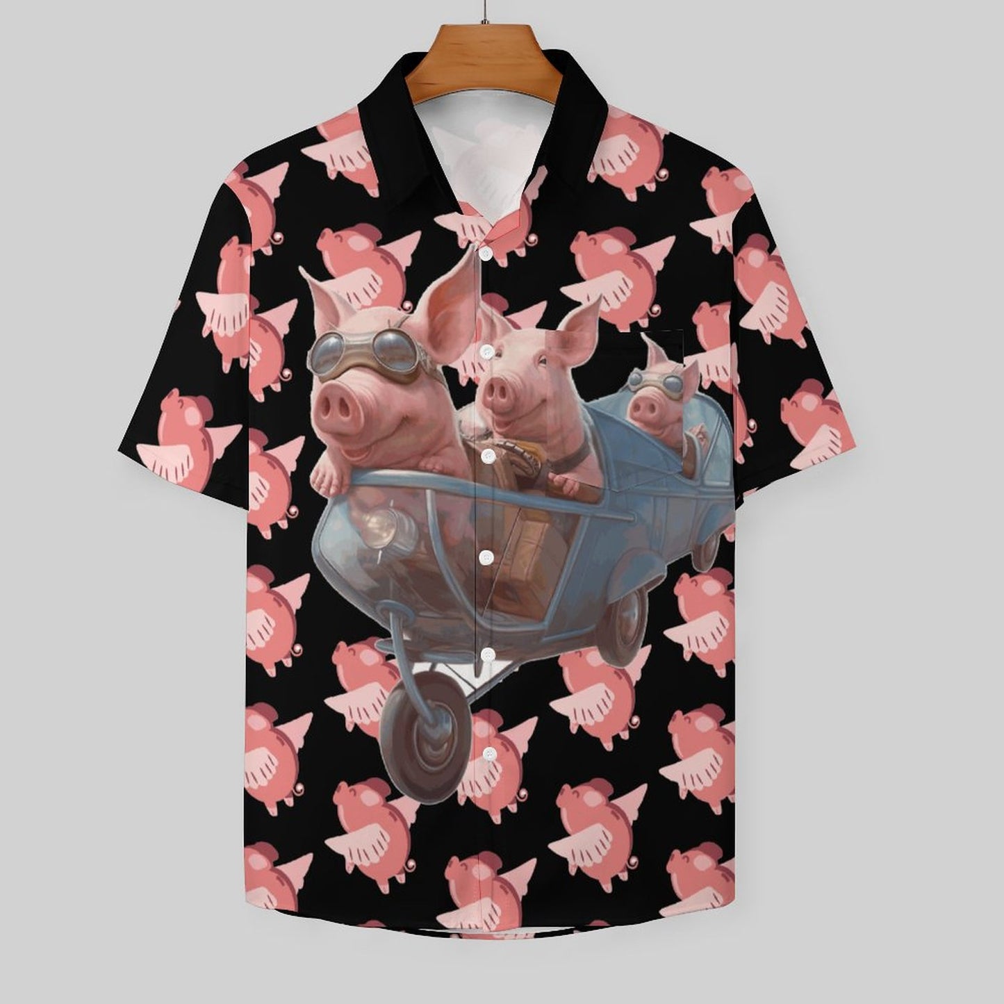 Men's Hawaiian Flying Pig Print Resort Shirt 2306101862