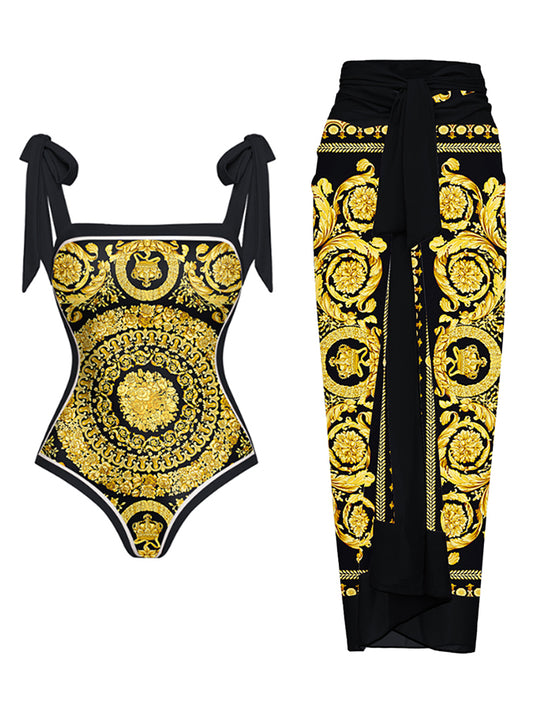 Reversible Bowknot Tie-shoulder One Piece Swimsuit and Sarong