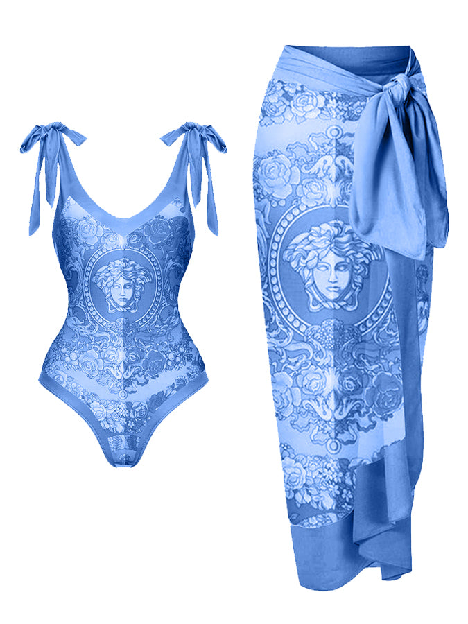 Fashion Print Lace Up One Piece Swimsuit