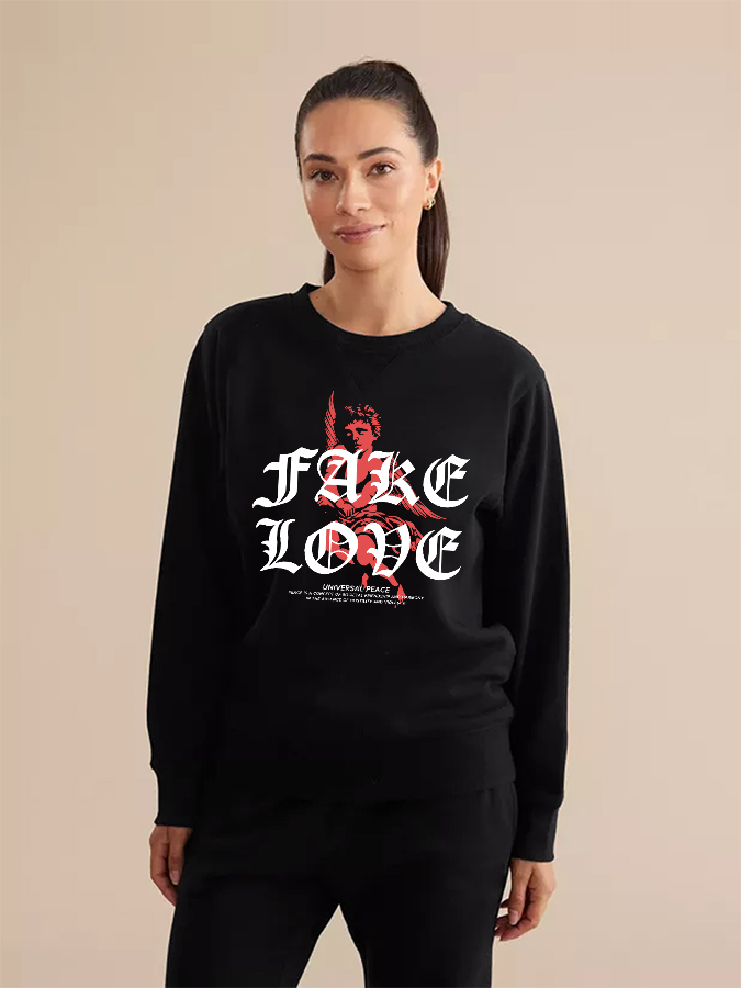 Unisex Round Neck Casual Peace Love Printed Long Sleeve Sweatshirt