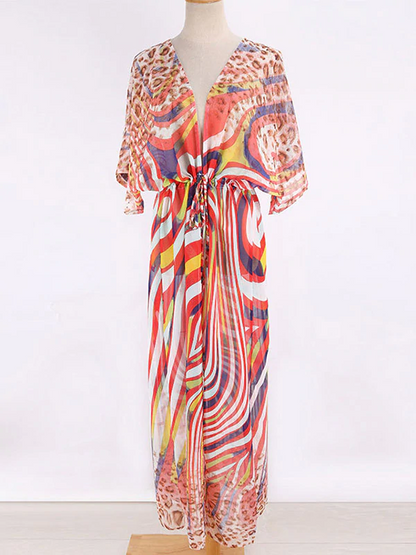 Chiffon Short Sleeve V-Neck Drawstring Cover-Up Swimwear