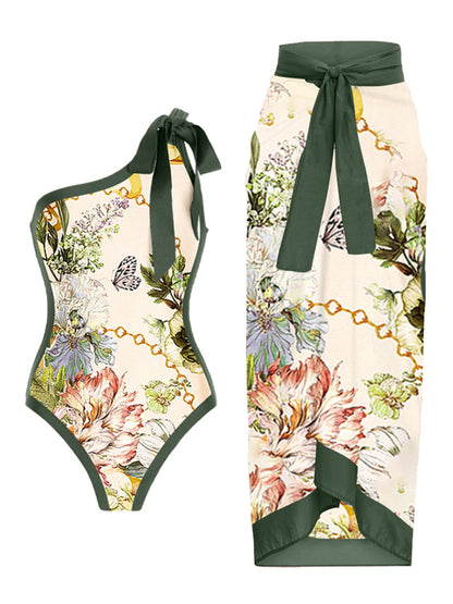 One Shoulder Floral Print One Piece Swimsuit and Skirt