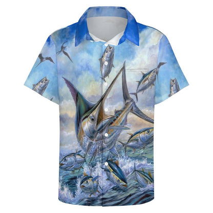 Men's Hawaiian Fish School Print Resort Shirt 2306101853