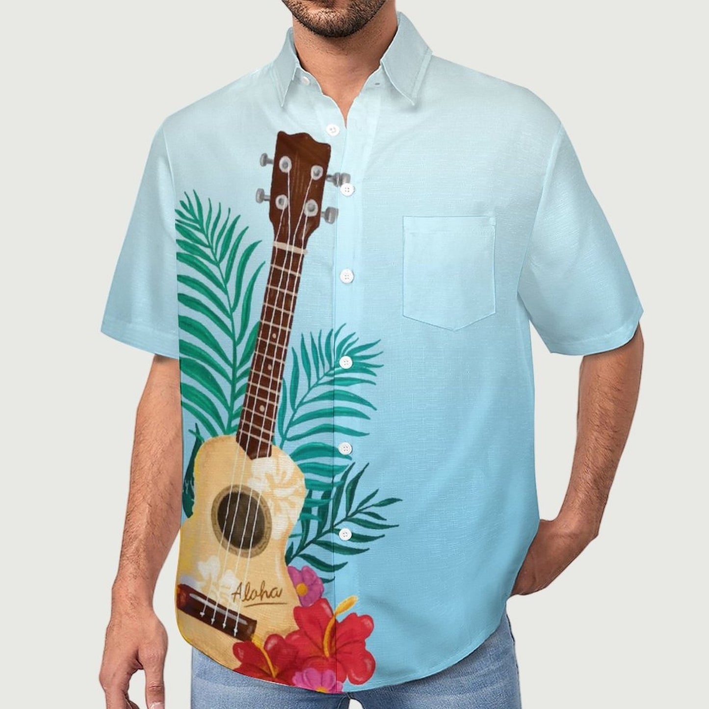 Cotton Linen Guitar Breast Pocket Short Sleeve Vacation Shirt 2305107205