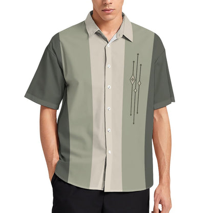 Mens Color-block Striped Casual Breathable Short Sleeve Bowling Shirt