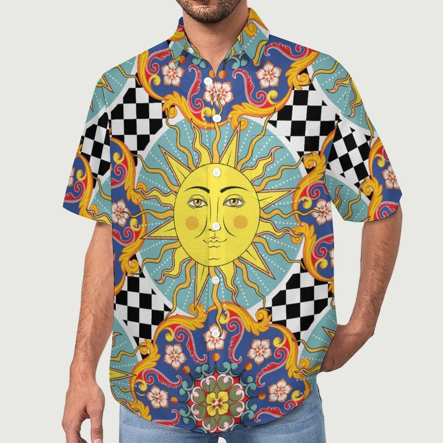 Men's Vintage Sun Print Vacation Hawaiian Shirt 2306104041