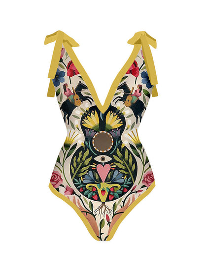 Printed One Piece Tie Swimsuit
