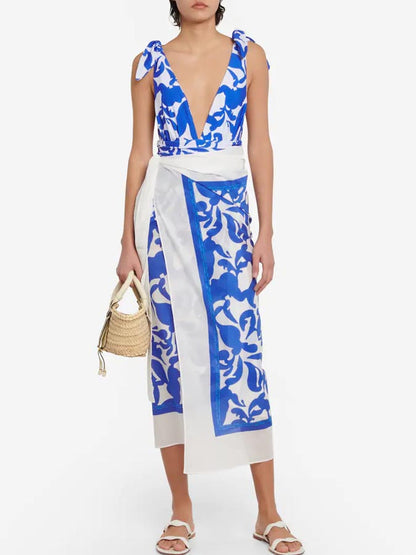 Blue Printed Swimsuit  and Coverup