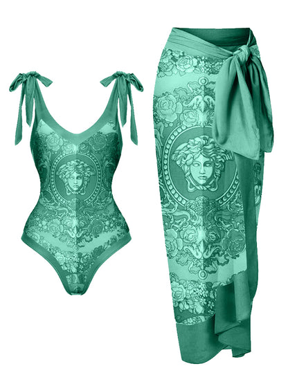 Fashion Print Lace Up One Piece Swimsuit