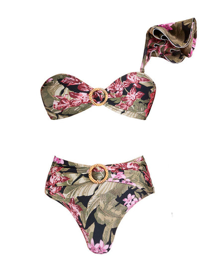 Fashion Printed One-Shoulder Ruffled Bikini and Cover Up