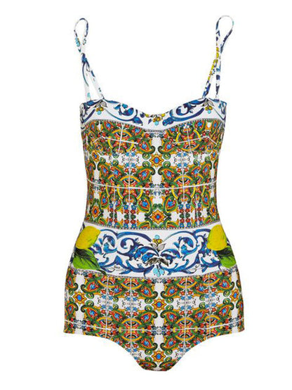 Vintage Print One Piece Swimsuit and Cover Up