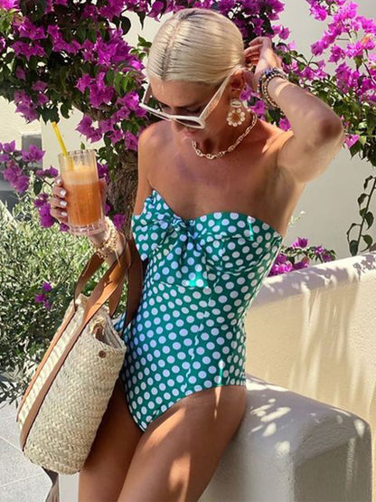 Polka-dot print one piece swimsuits and kimonos