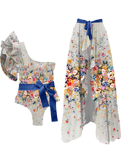 Ruffled Floral Print Colorblock One-Piece Swimsuit and Cover-up