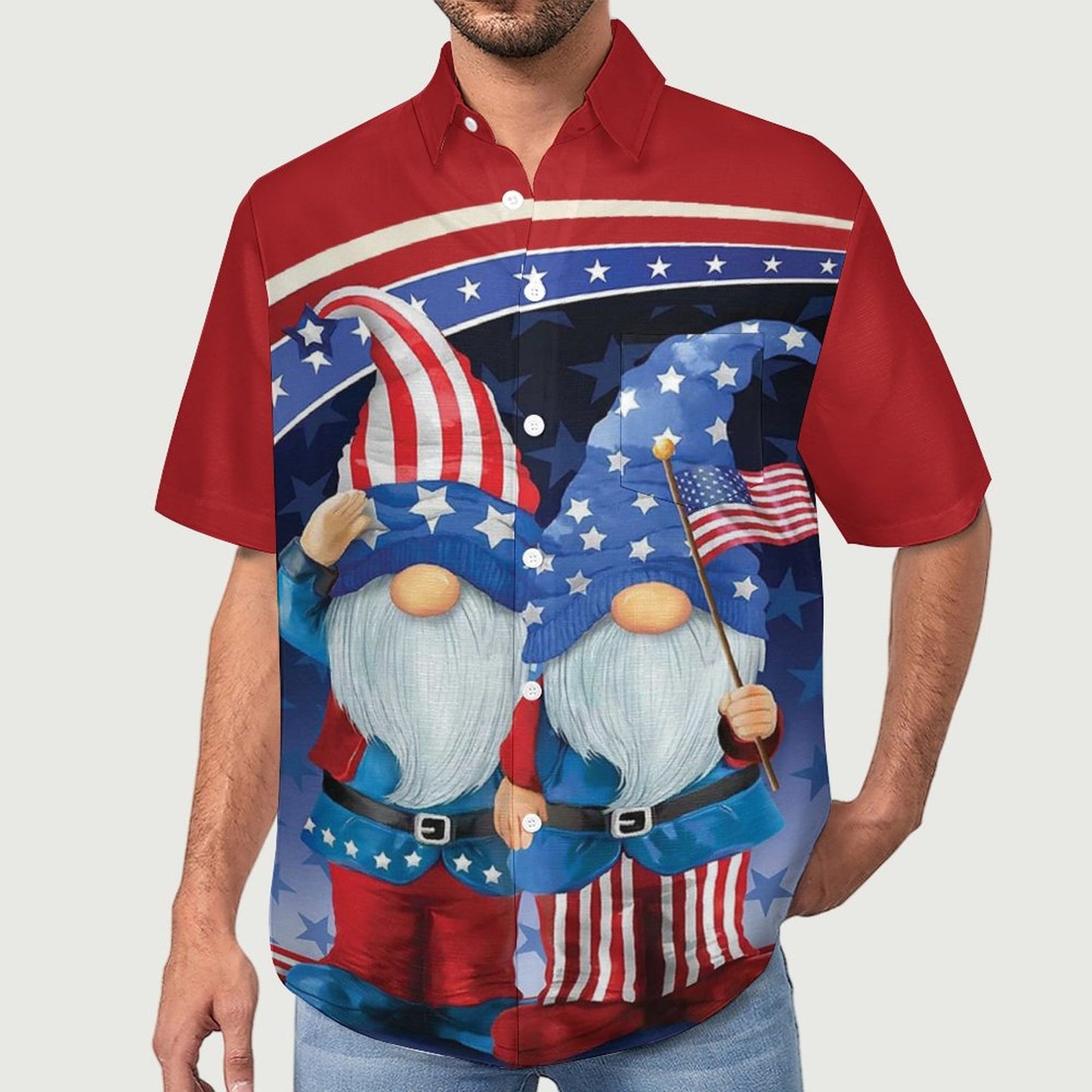 Independence Day Flag Midget Chest Pocket Linen Short Sleeve Shirt 2306101232