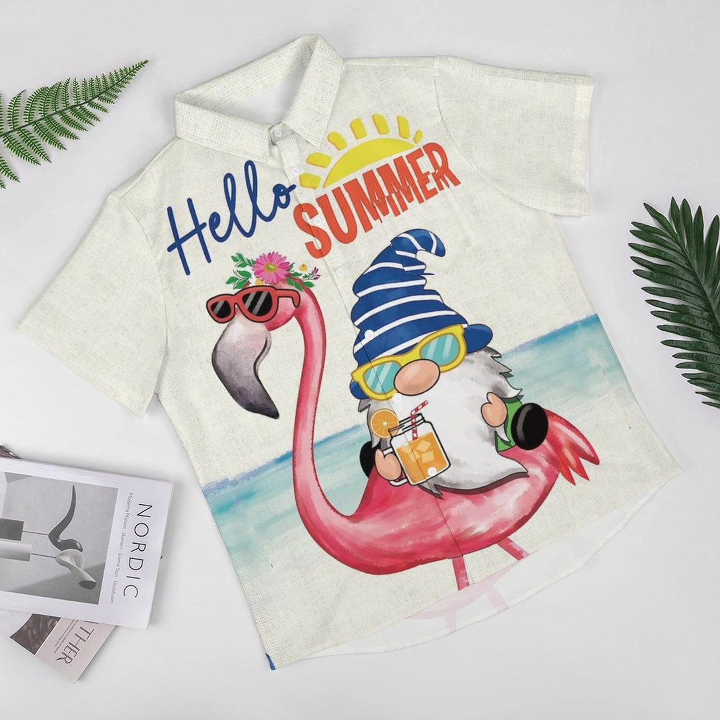 Men's Hawaiian Flamingo Gnome Print Vacation Shirt 2306101927