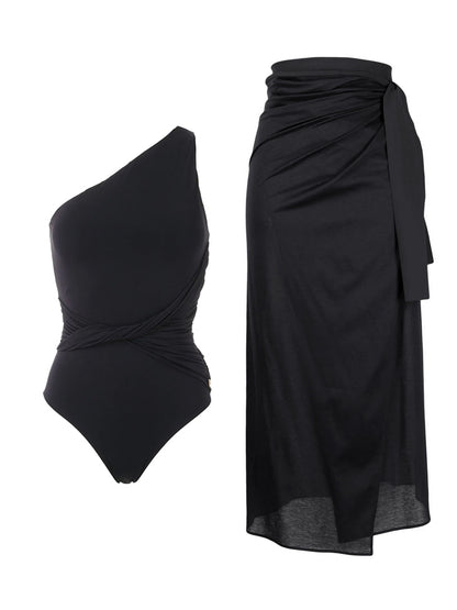 Plain One Shoulder One-Piece Swimsuit And Cover Up