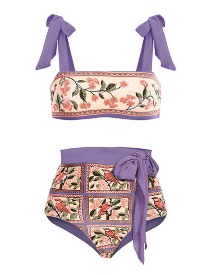 Fashion Flower Embroidered Print Bikini and Cover Up