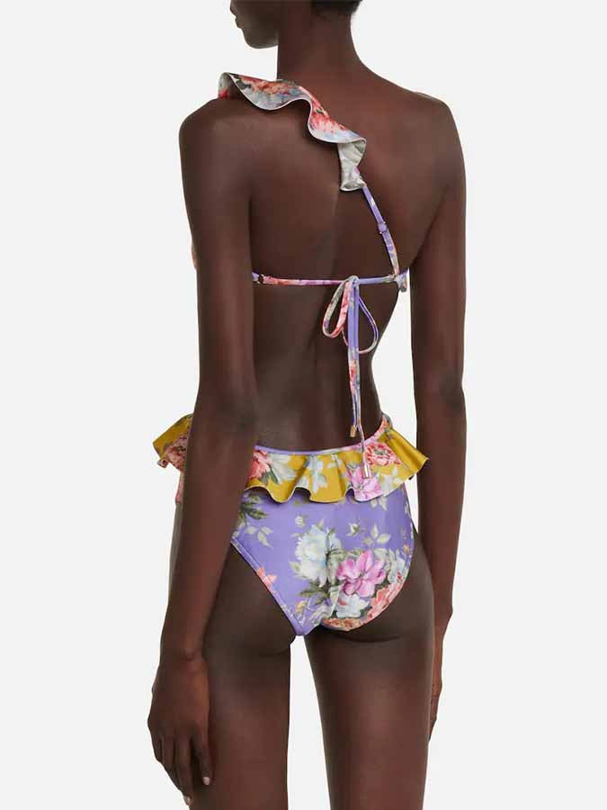 Fashion Colorblock Floral Print Ruffle One-Piece Swimsuit