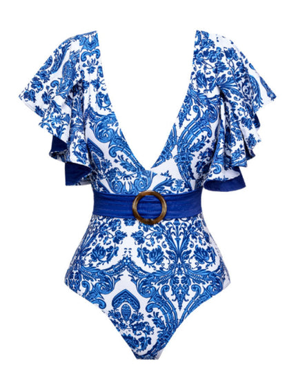 Deep V Ruffle Print One-Piece Swimsuit Set