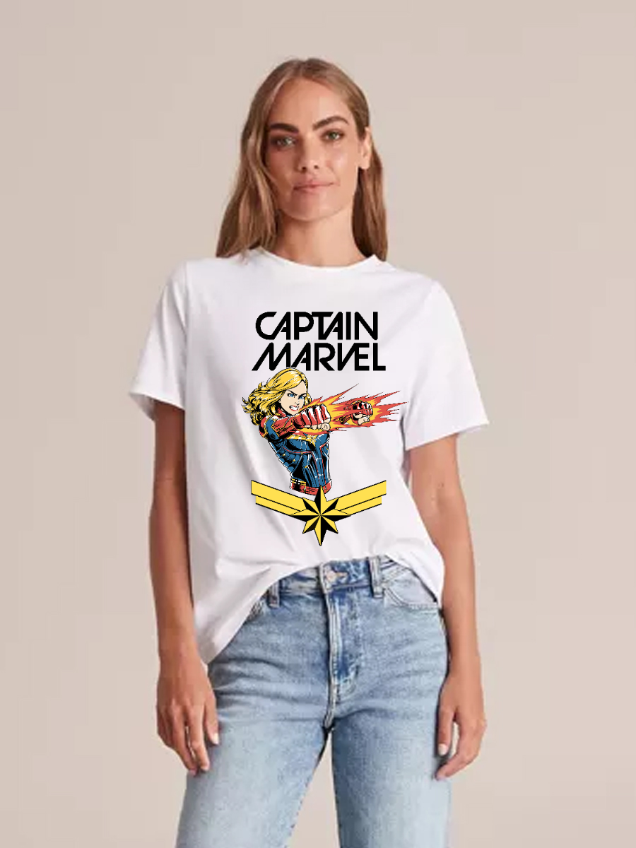 Women's Casual Captain Marvel Printed Round Neck Short Sleeve T-Shirt