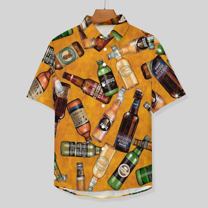 Yellow Beer Print Men's Linen Vacation Hawaiian Shirt
