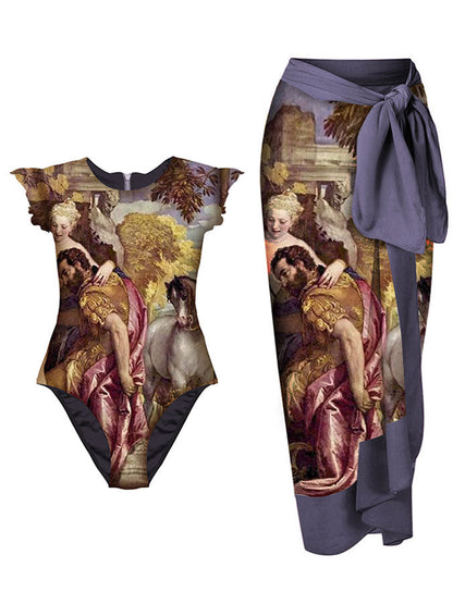 Vintage Oil Print Ruffled One-Piece Swimsuit Set