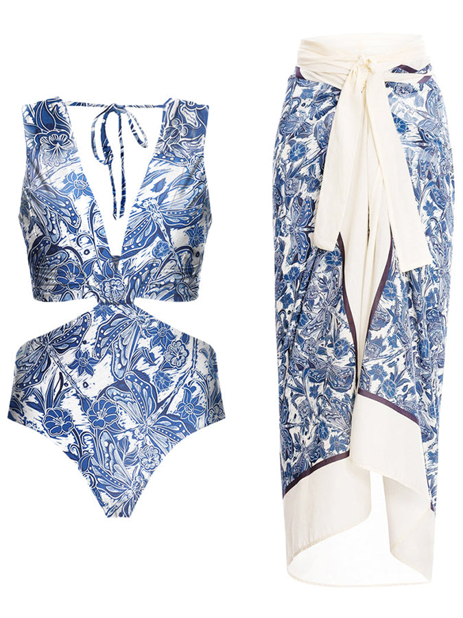 Deep V Print One Piece Swimsuit