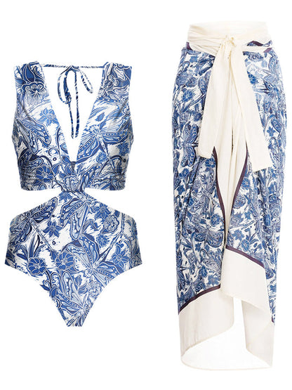 Deep V Print One Piece Swimsuit