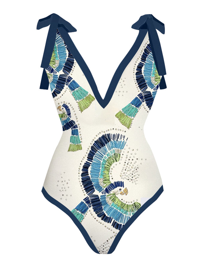 Deep V Print One Piece Swimsuit and Cover Up