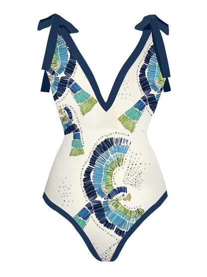 Deep V Print One Piece Swimsuit and Cover Up