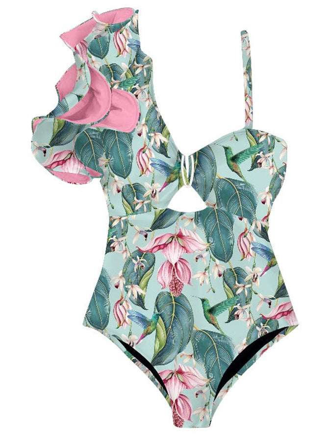 Fashion Print Ruffle One Piece Swimsuit and Cover Up