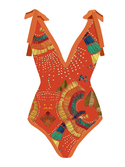 Deep V Print One Piece Swimsuit and Cover Up